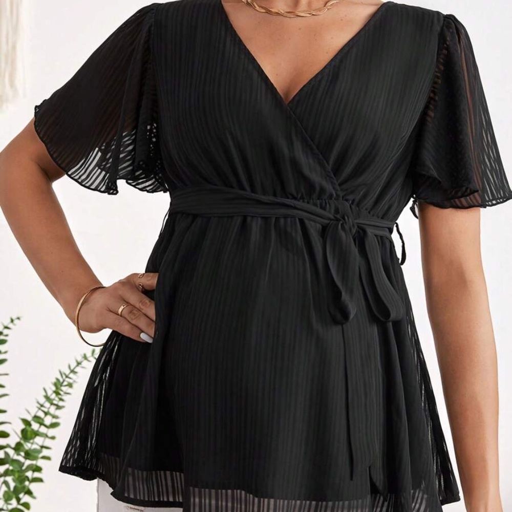 Maternity Butterfly Sleeve Belted Peplum Blouse - Picture 5 of 7